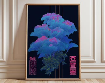 Póster cyberpunk japonés, estampado botánico neón, decoración futurista para el hogar.