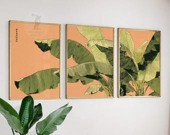 Set di stampe artistiche su foglie di banano / Decorazione murale botanica tropicale