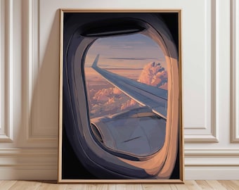 Flugzeug Fenster Ansicht Poster, Luftfahrt Wandkunst, Flugzeugflügel Druck, Sonnenuntergang Reise Dekor, Pilot Geschenk, Himmel Wolken Flugzeug Kunstwerk