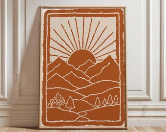 Minimal Mountain Sunrise Poster | Terracotta Landscape Illustration | Boho Desert Mountain Wall Art