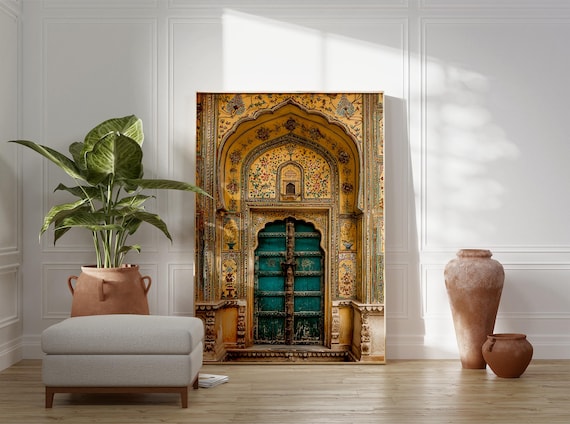 Golden Peacock Door Print, Indian Palace Wall Art, Jaipur