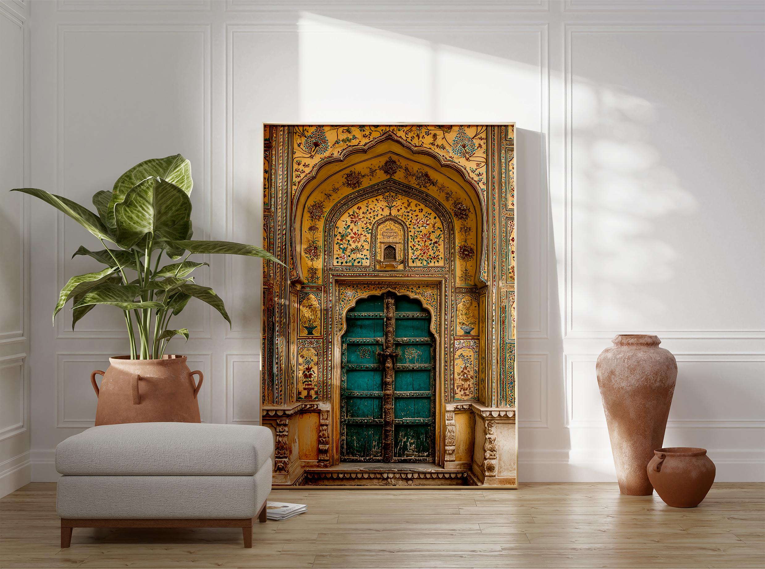 Golden Peacock Door Print, Indian Palace Wall Art, Jaipur
