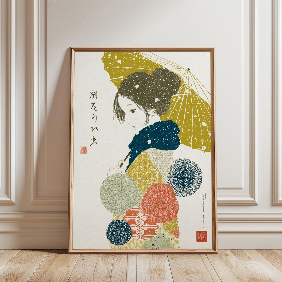 Japanese Geisha Poster | Yellow Umbrella Woodblock Art | Vintage Ukiyo ...