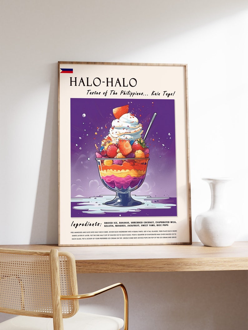 May include: A framed poster featuring a colorful illustration of Halo-Halo, a Filipino dessert. The image shows a layered dessert in a glass, topped with whipped cream and fruit. Text on the poster reads "HALO-HALO" and "Taste of The Philippines... Kain Tayo!"