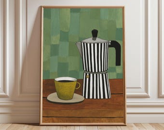 Moka Pot Coffee Poster, Mid Century Kitchen Art, Retro Cafe Print, Minimalist Still Life Artwork, Modern Espresso Wall Decor