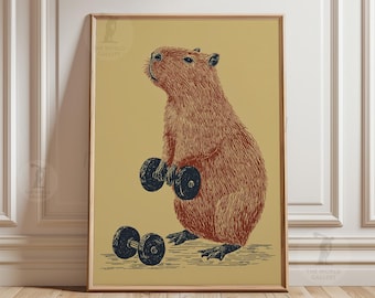 Capybara Workout Poster, Hantel Tier Illustration, Fitnessstudio Wand Kunst Digitaler Download