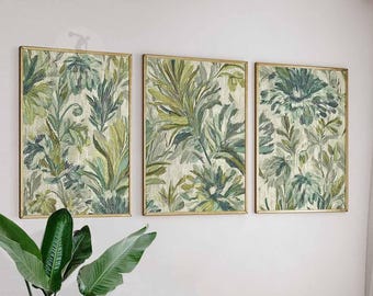 Vintage Botanical Print Set of 3, Green Leaf Wall Art