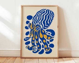 Lámina artística de pulpo, decoración náutica costera