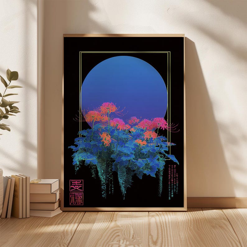 May include: Framed art print featuring a stylized floral arrangement with a large blue orb against a black background. The flowers are pink and orange, with blue foliage. Gold frame with Japanese text in the lower left corner.