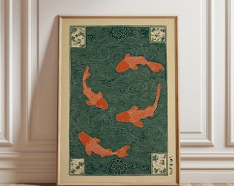 Koi Fisch Illustration im Japanischen Linoldruck Stil
