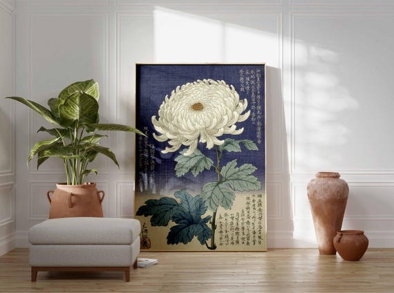 Vintage Chrysanthemum Ukiyo-e Woodblock Print, Japanese Floral Art