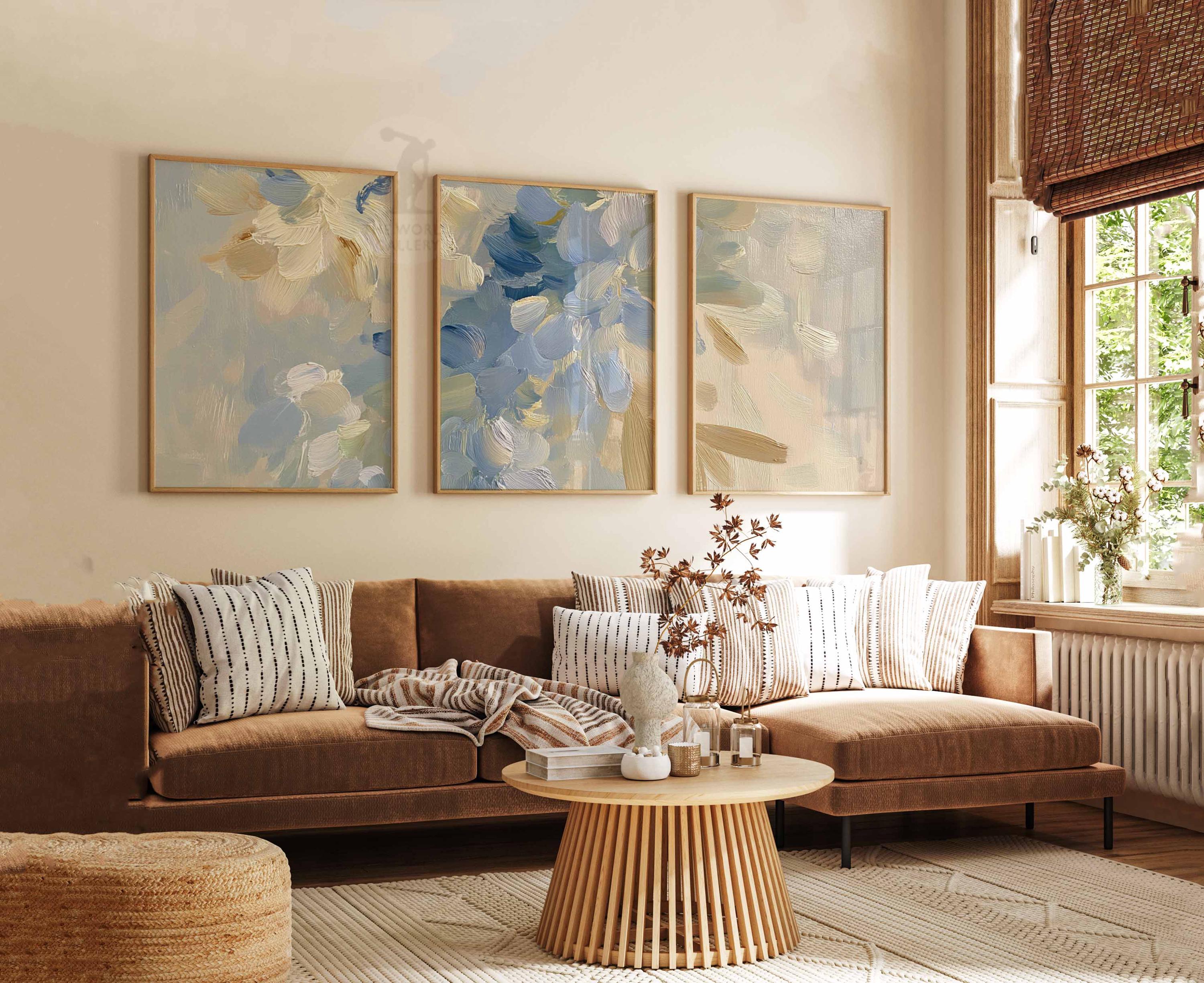Set of 3 Abstract Wall Art Prints, Neutral Blue and Beige Posters ...
