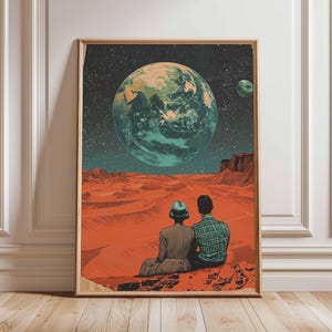Póster retro de ciencia ficción, decoración cósmica surrealista de los años 70, póster espacial futurista, impresión de paisaje vintage, obra de arte espacial para dormitorio y sala de estar.