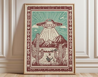 Lámina artística retro con temática de ovnis en el desierto, decoración del suroeste de mediados de siglo.