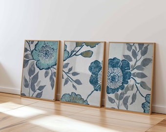 Blue Floral Art Prints, Teal & Gray Botanical Set of 3
