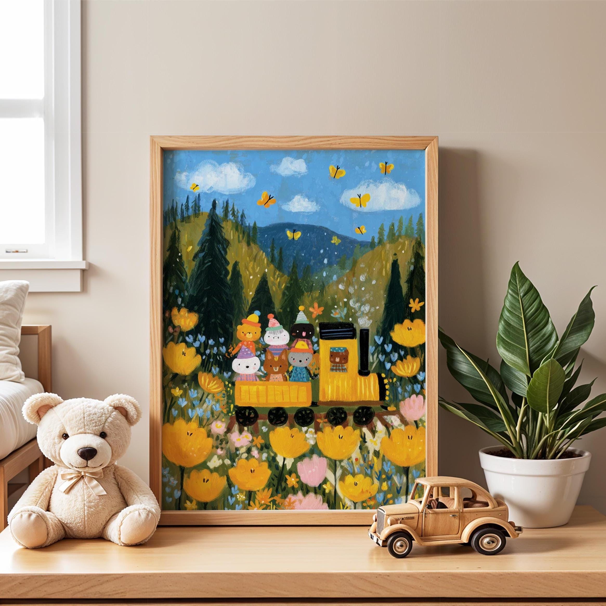 絵画　テディベア　メルヘン画　子ども部屋 動物列車の子供部屋アート | 気まぐれな森の花のプリント - Etsy 日本