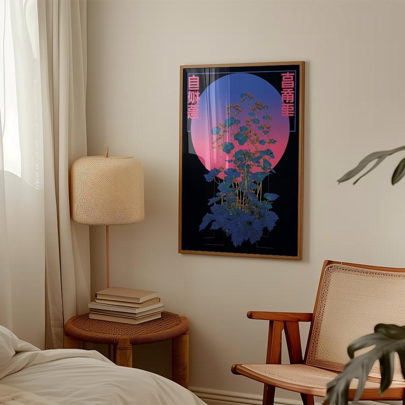 May include: A framed art print featuring a stylized floral design with a gradient background of pink, blue, and black. The artwork includes Japanese text on the sides and is displayed in a room with a lamp and chair.