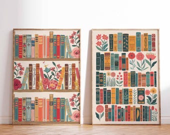 Set of 2 Vintage Library Poster, Book Art, Reading Poster, Book Lovers Gift, Reading Gift, Retro Book Lovers Art, Library Art