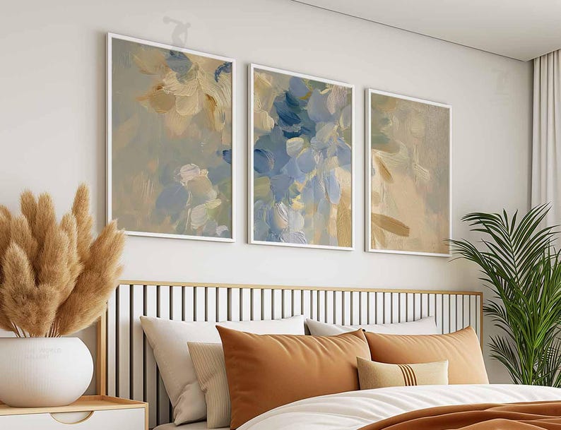 Set of 3 Abstract Wall Art Prints, Neutral Blue and Beige Posters ...
