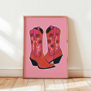 Pink Cowgirl Boots Poster, Western Wall Art Print, Retro Country Girl Decor, Floral Cowboy Boot Illustration for Bedroom or Studio