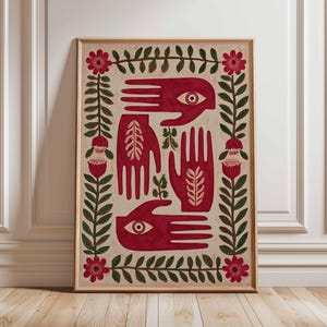 Surrealistische volkskunstdruk, rode en groene ogen handkunstwerk, mystieke botanische poster, boho-muurdecoratie