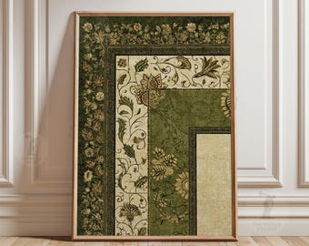 Persian Botanical Textile Art Poster | Antique Floral Rug Design, Green Interior Print