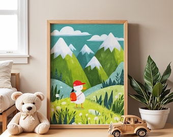 Póster infantil de pato excursionista / Aventura en la montaña, decoración para la habitación de los niños