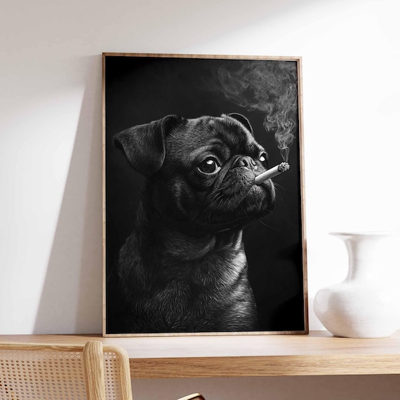 Smoking Pug Print, Black and White Dog Poster, Quirky Pet Art