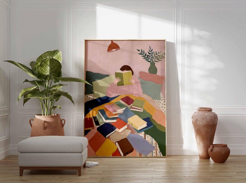Reading Wall Art Print | Cozy Book Lover Poster | Colorful Literary Artwork | Modern Bedroom Library Decor | Book Aesthetic Print image 2