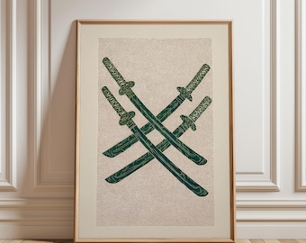 Samurai Sword Poster, Green Textured Illustration Art
