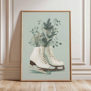 Ice Skates Poster, Winter Wall Art, Botanical Ice Skating Print, Vintage Skating Decor, Holiday Artwork, Cozy Seasonal Illustration