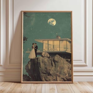 Póster retro de ciencia ficción, decoración cósmica surrealista de los años 70, póster espacial futurista, impresión de paisaje vintage, obra de arte espacial para dormitorio y sala de estar.