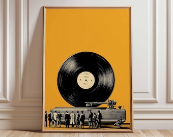 Impresión de arte mural de tocadiscos de vinilo, póster retro de tocadiscos, decoración vintage para sala de música, obra de arte moderna de mediados de siglo, impresión sin marco