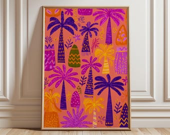 Mediterranean Village Print, Retro Palm Tree Poster, Coastal Wall Art