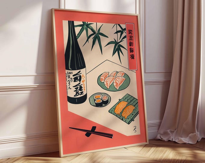 Traditional Japanese Sushi Food Poster, Japanese Cuisine Print, Kitchen Wall Decor, Food Art, Vintage Food Poster, Asian Food Illustration