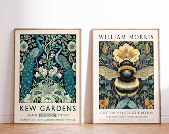 Conjunto de 2 pôsteres de Kew Gardens e William Morris, gravuras de arte botânica floral.