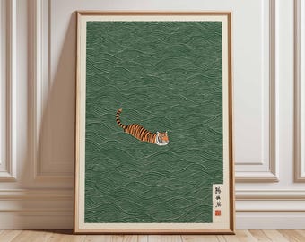 Japanese Tiger Print, Zen Swimming Tiger, Oriental Wall Art