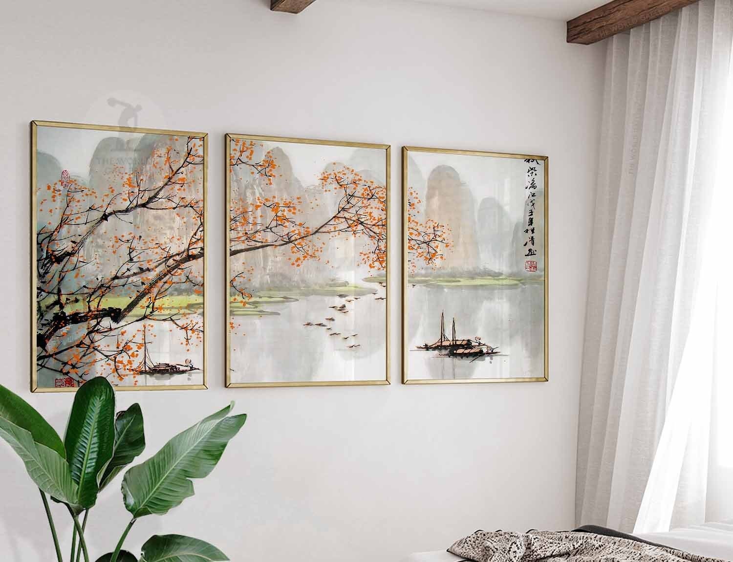 Japanese Wall Art Set of 3 Posters, Japanese Wall Print, Floral