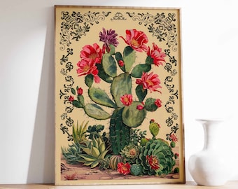 Vintage Mexican Cactus Art Print, Colorful Floral Decor
