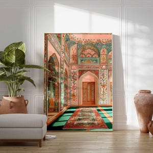 May include: A large framed print of an ornate interior with archways, floral patterns, and a patterned rug. The color palette includes pink, green, and gold. A large potted plant, a gray ottoman, and terracotta vases are in the foreground.