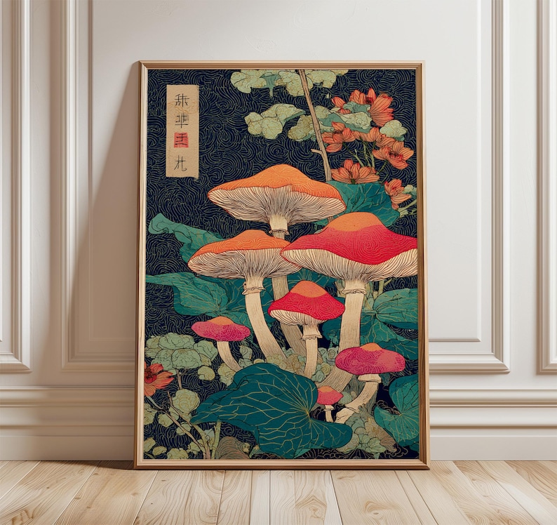May include: A framed art print depicting stylised mushrooms in orange, red, and pink, set against a dark blue background with green foliage. The artwork has a vintage aesthetic, with Japanese text in the upper left corner.
