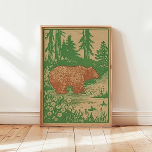 Bear Forest Wall Art, Vintage Wildlife Poster, Rustic Cabin Print, Woodland Animal Decor, Outdoor Brown Bear Artwork, Wilderness Lodge Style
