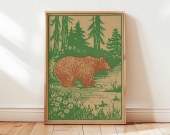 Vintage print berenbos, rustieke muurkunst hut