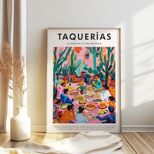 Op de afbeelding: Een kleurrijke illustratie van een groep mensen die rond een tafel met eten zitten, omringd door cactussen en planten. De tekst "Taquerias El Sabor de la Vida Mexicana" staat bovenaan de afbeelding.