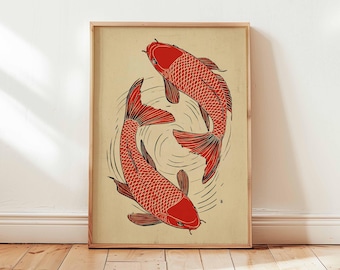 Japanese Koi Fish Art Print, Ukiyo-e Zen Wall Decor