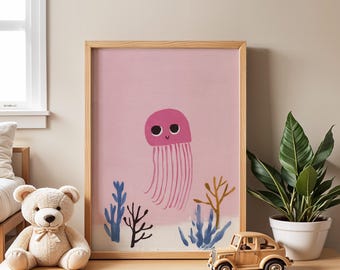 Pink Jellyfish Nursery Print | Modern Sea Life Wall Art
