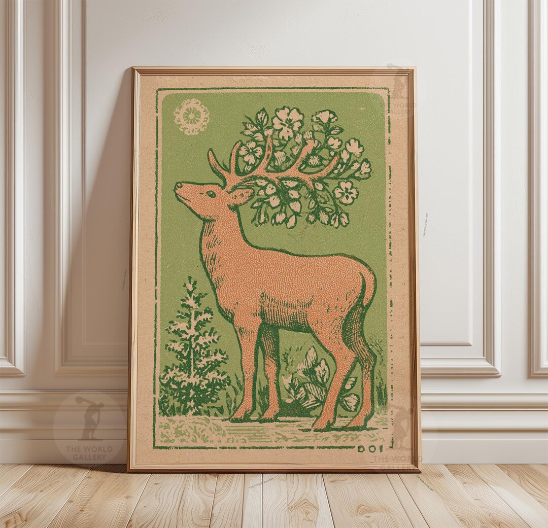 Stag Illustration Poster | Floral Deer Art Print | Vintage Woodland ...