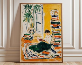 Woman Reading by the Window Poster, Cozy Book Lover Wall Art, Warm Yellow Interior Painting, Modern Impressionist Home Decor