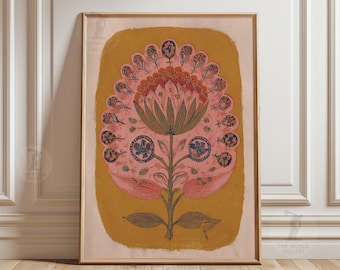 Pink Folk Floral Poster, Vintage Botanical Wall Art, Paper Print