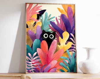 Black Cat Jungle Art Print, Modern Whimsical Decor
